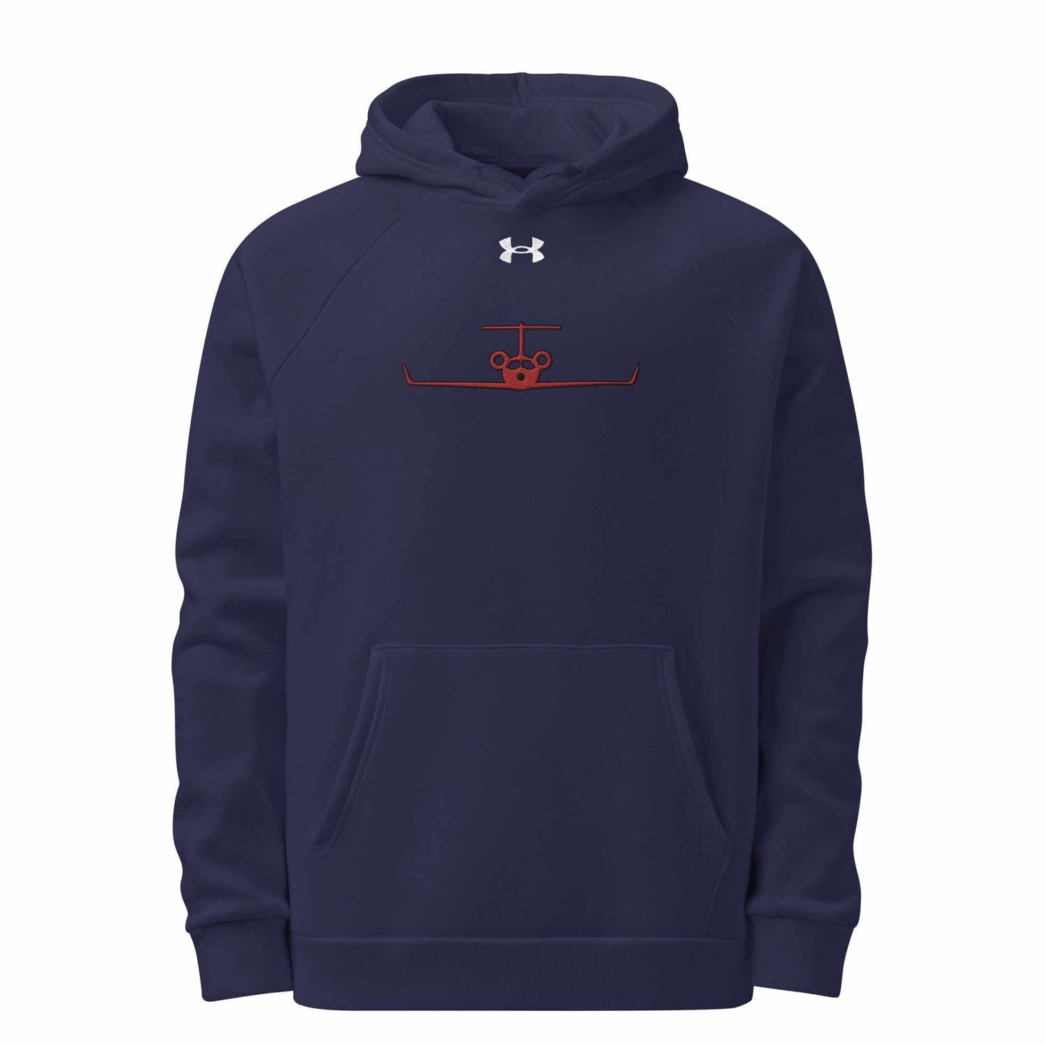 Jet Set Limited navy blue fleece hoodie with front pouch pocket and embroidered Under Armour logo