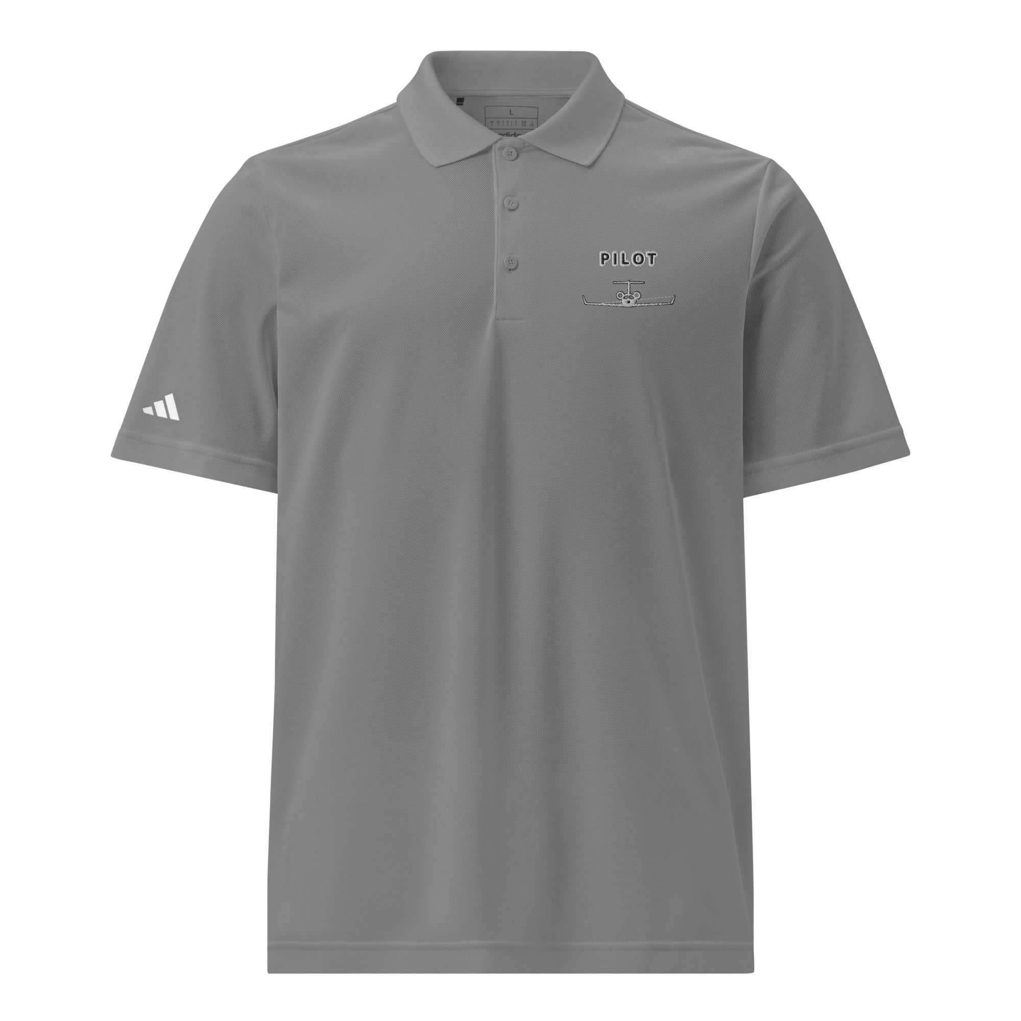 pilot shirts short sleeve adidas sport polo in gray with embroidered pilot and airplane logo