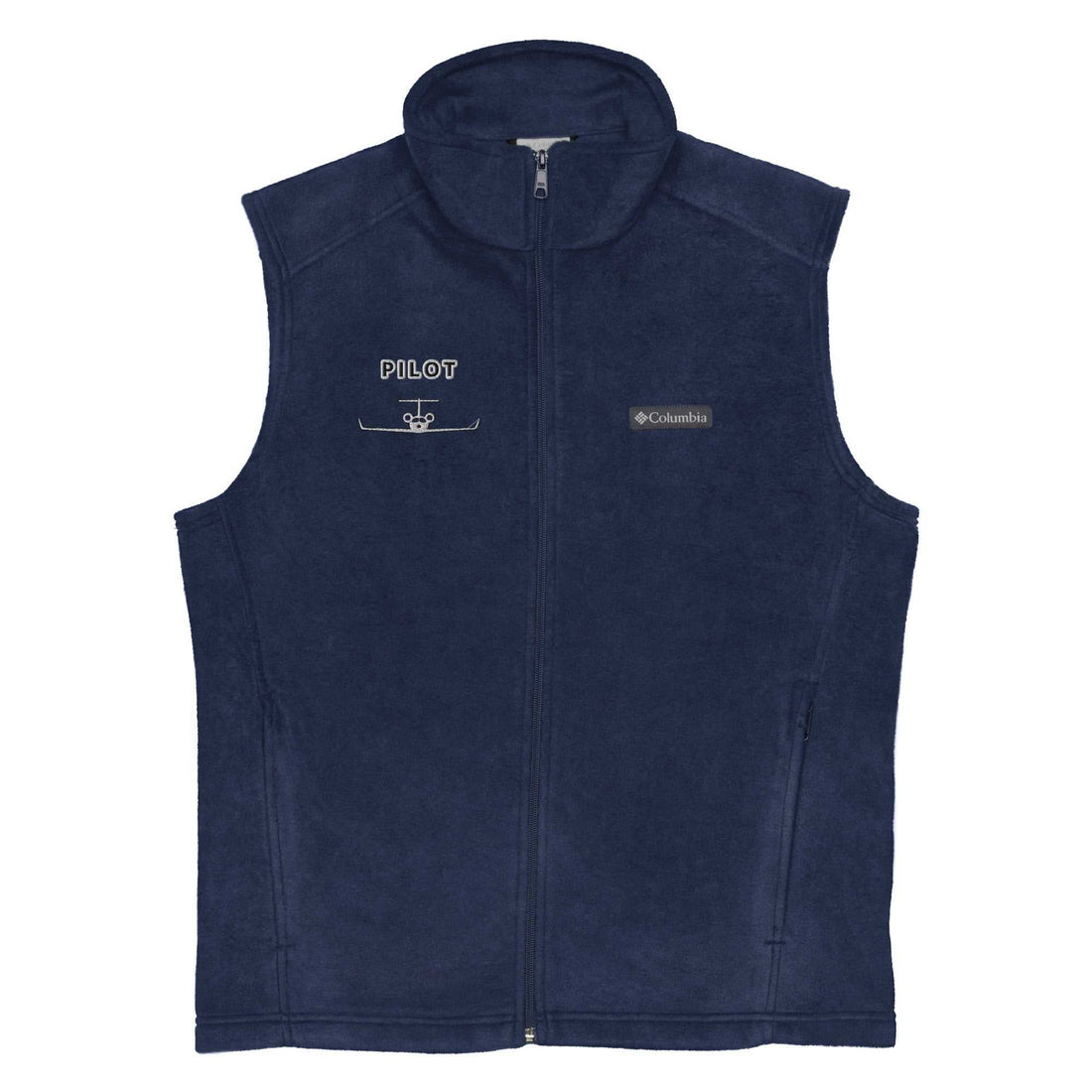 Jet Set Pilot Columbia fleece vest in navy blue with zippered pockets and embroidered pilot logo