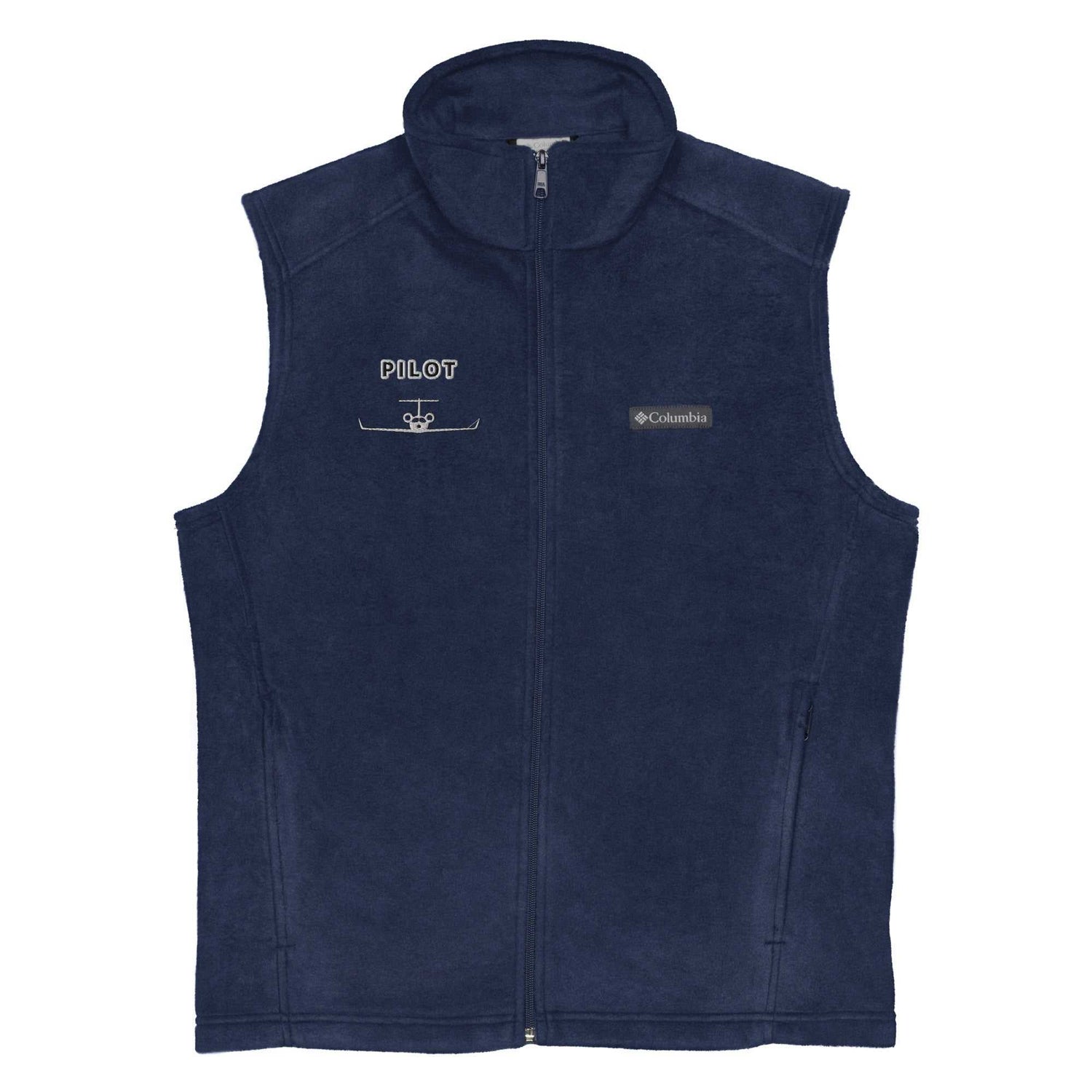 Jet Set Pilot Columbia fleece vest in navy blue with zippered pockets and embroidered pilot logo