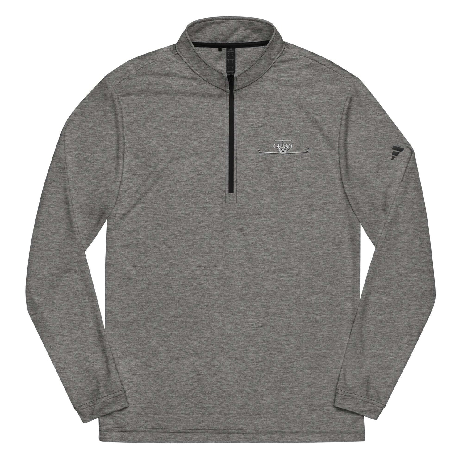 Gray quarter zip pullover made of 100% recycled polyester with sweat-wicking and UPF 50+ protection features