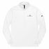 White quarter zip pullover with eco-friendly sweat-wicking fabric and UPF 50+ protection