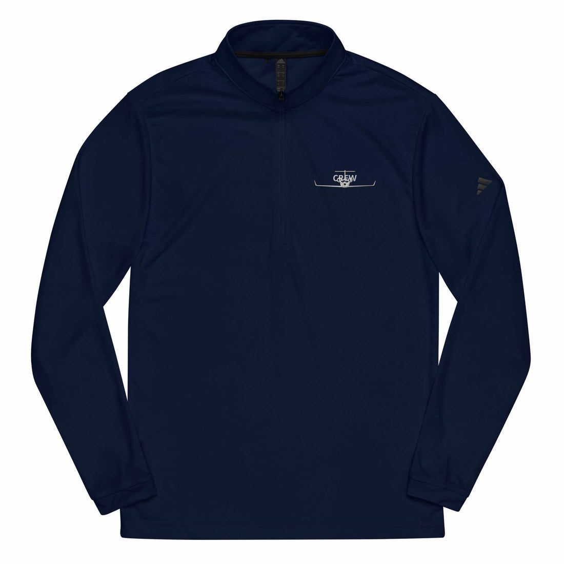 Navy blue eco-friendly quarter zip pullover with sweat-wicking fabric and UPF 50+ protection