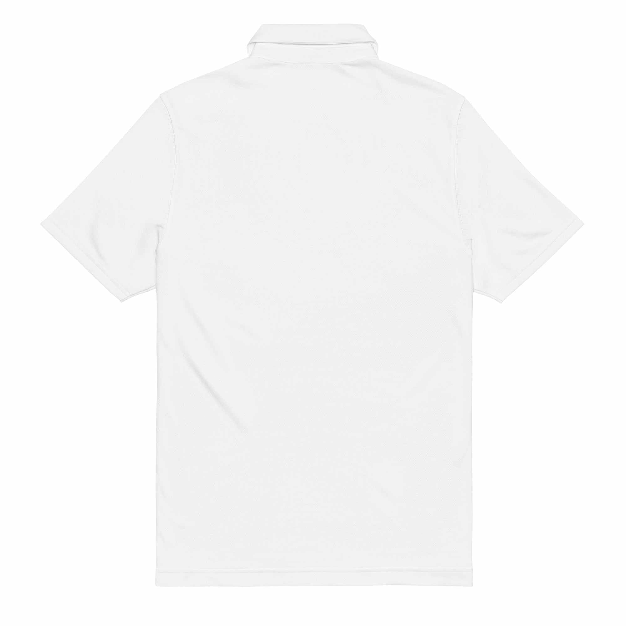 White pilot polo shirt with embroidered private jet logo, moisture-wicking, performance fit golf and travel shirt