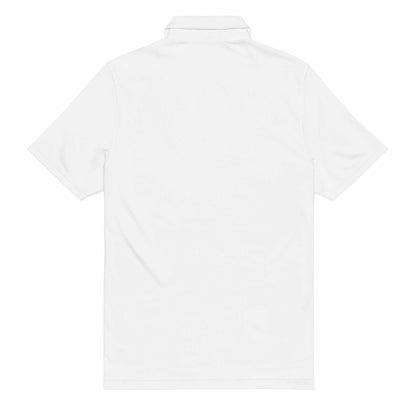 White pilot polo shirt with embroidered private jet logo, moisture-wicking, performance fit golf and travel shirt