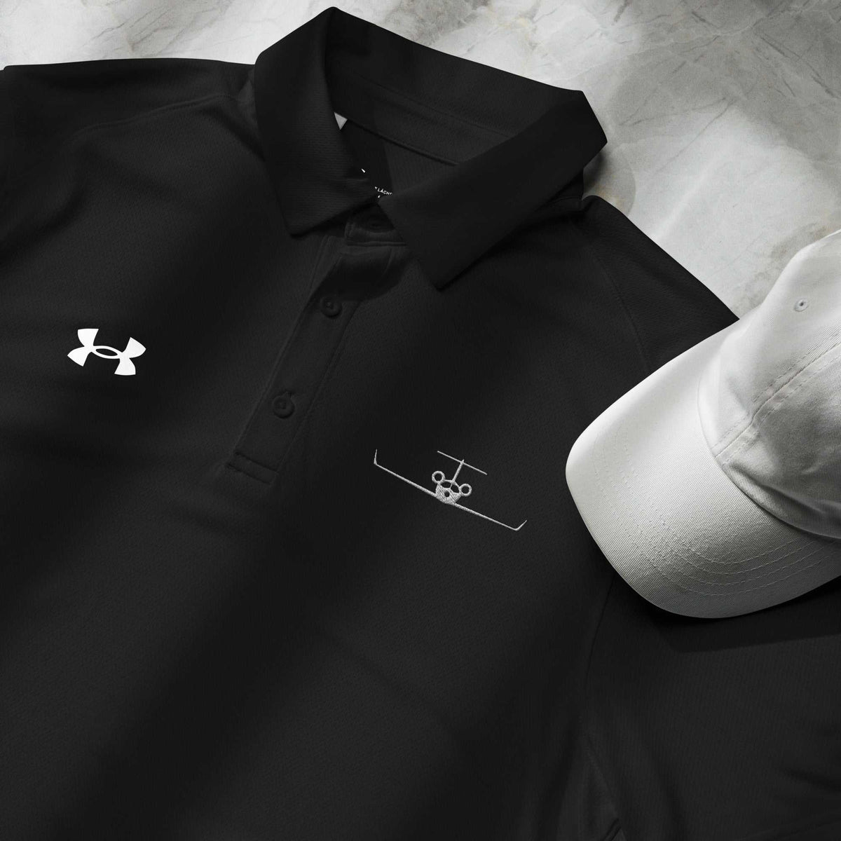 Men's pilot polo shirt with embroidered private jet logo, moisture-wicking and performance fit