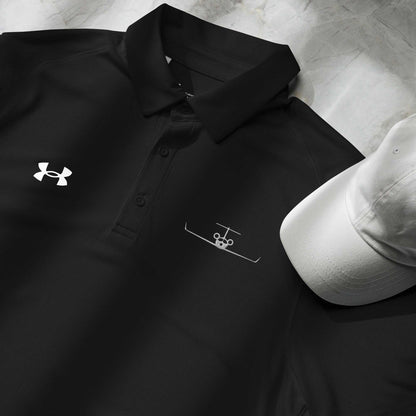 Black pilot polo shirt with embroidered private jet logo and Under Armour logo next to a white cap