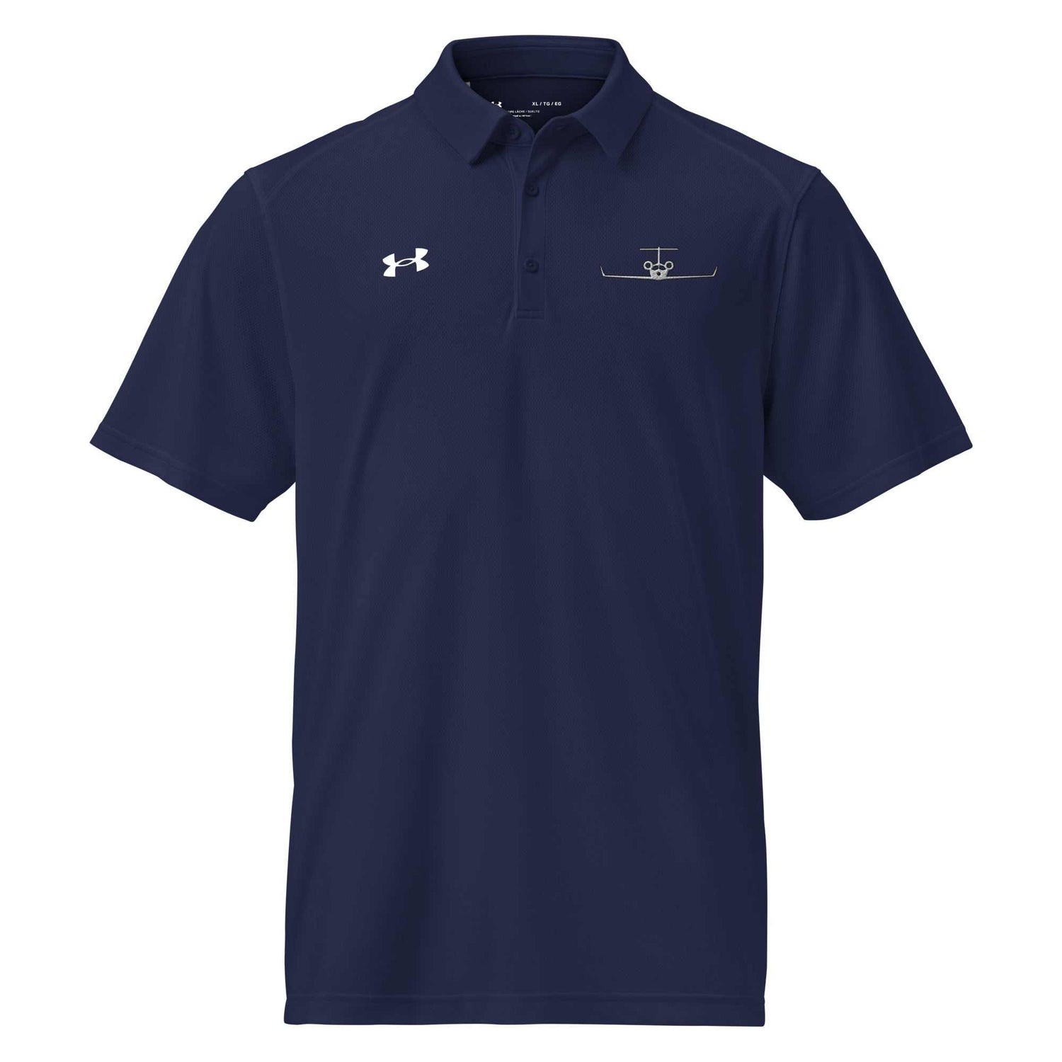 Navy pilot polo shirt with embroidered private jet logo and performance fit for golf and travel