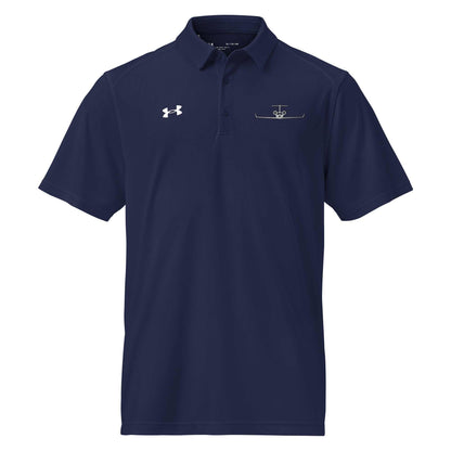Navy pilot polo shirt with embroidered private jet logo and performance fit for golf and travel