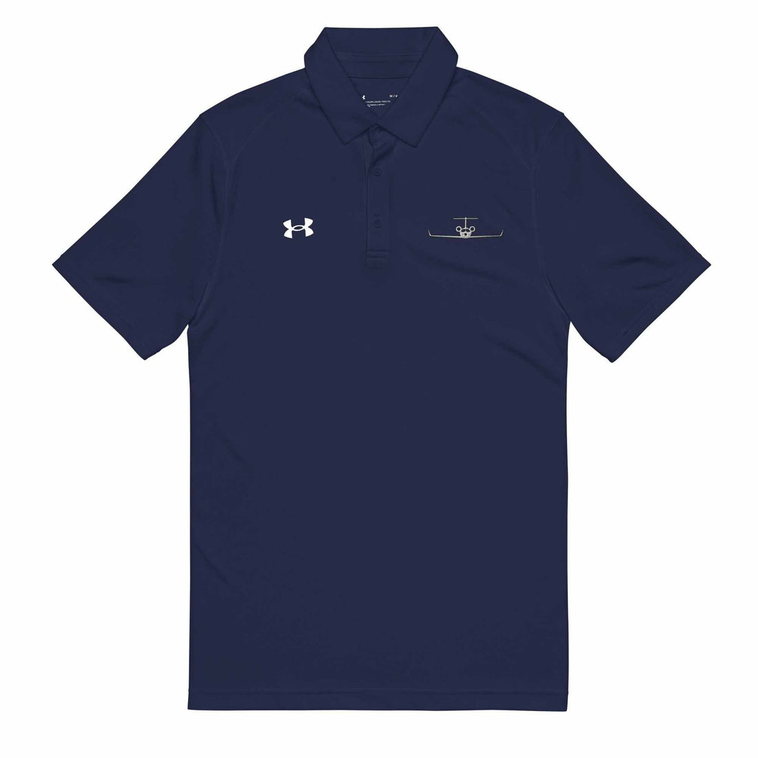 Navy pilot polo shirt with embroidered private jet logo, moisture-wicking performance fabric, and athletic fit