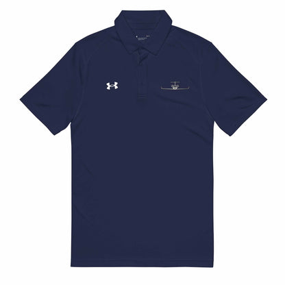 Navy pilot polo shirt with embroidered private jet logo, moisture-wicking performance fabric, and athletic fit