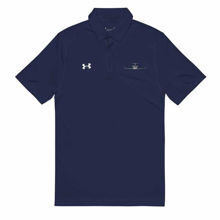 Black pilot polo shirt with embroidered private jet logo and performance fit for golf and travel