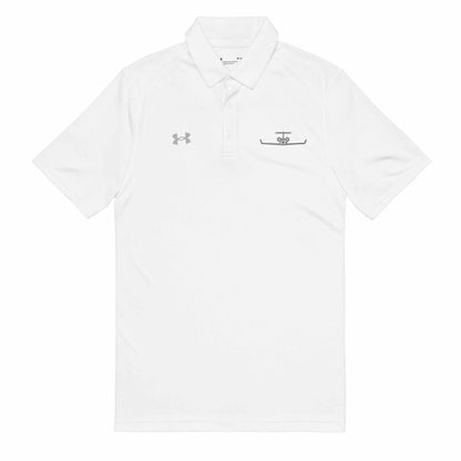 White pilot polo shirt with embroidered private jet logo and Under Armour logo, moisture-wicking performance fabric