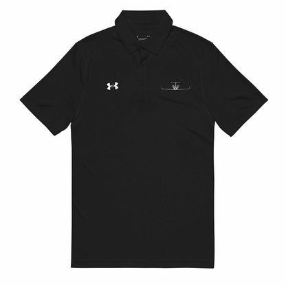 Black pilot polo shirt with embroidered private jet logo and Under Armour emblem, moisture-wicking performance fabric