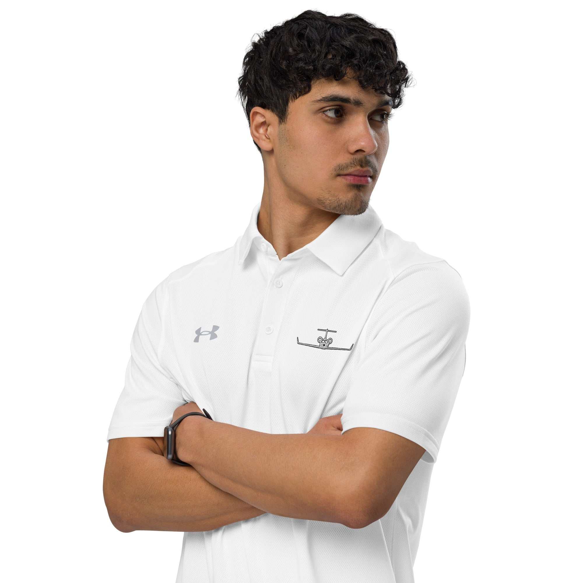 Man wearing white pilot polo shirt with embroidered private jet logo on chest, performance fit, and short sleeves