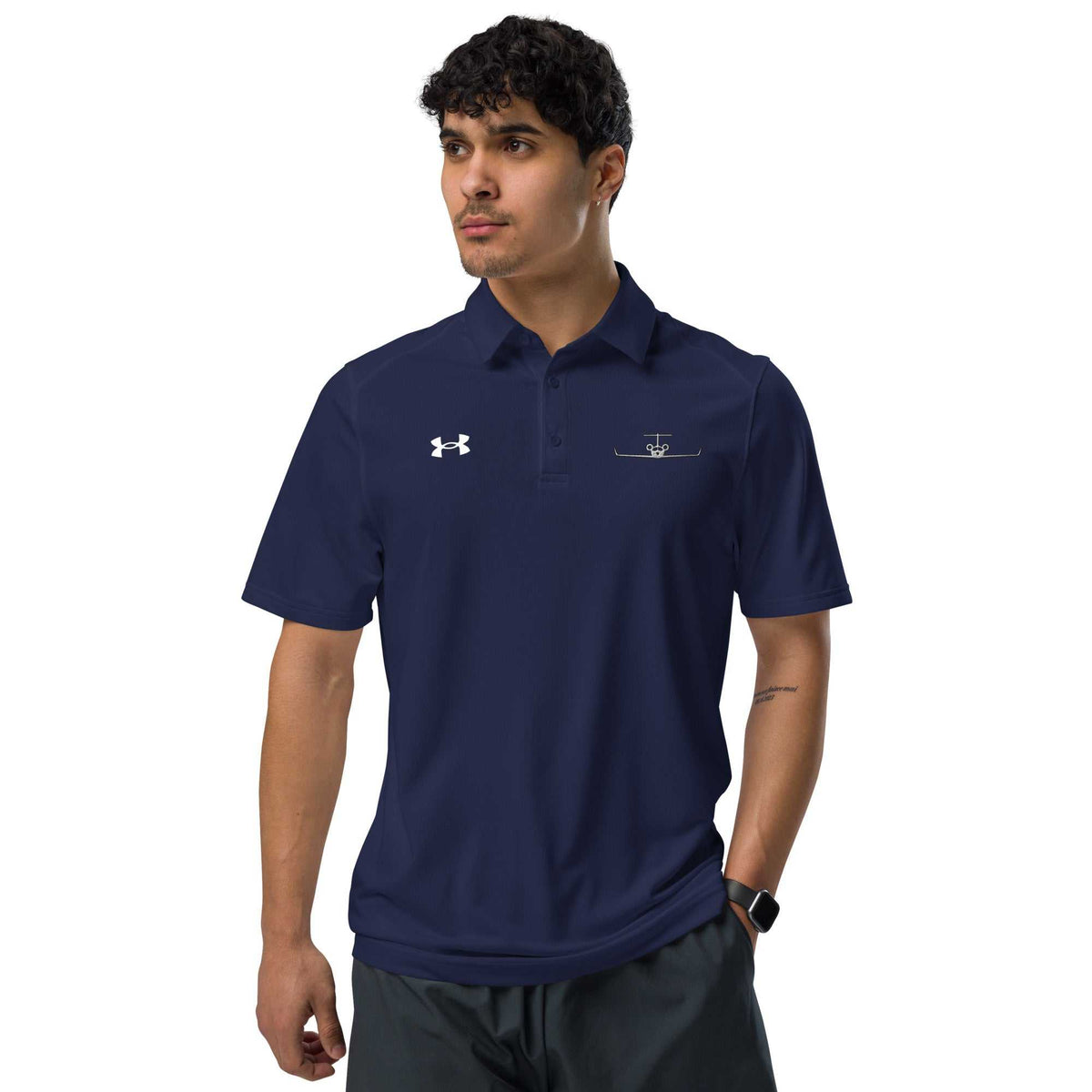 Men's pilot polo shirt with embroidered private jet logo, moisture-wicking performance fabric, and modern fit