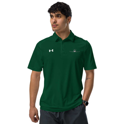 Man wearing green pilot polo shirt with embroidered private jet logo and Under Armour logo on chest
