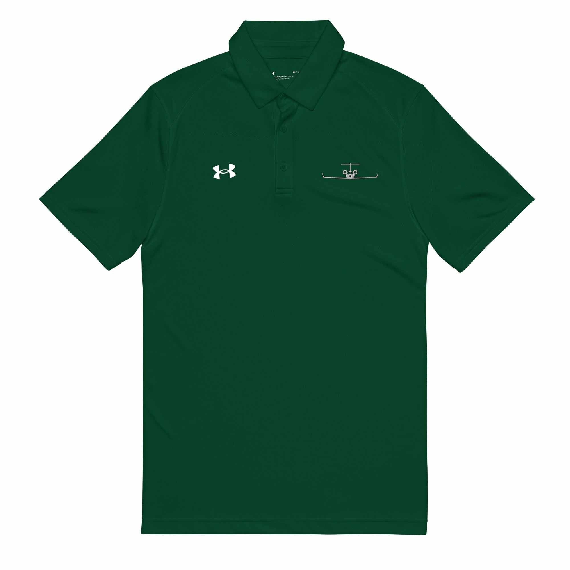 Dark green pilot polo shirt with embroidered private jet logo and Under Armour logo, short sleeve performance fit golf and travel shirt