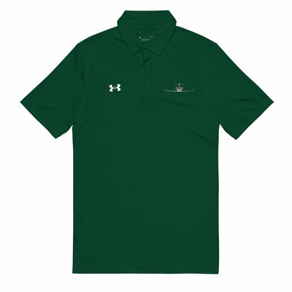 Dark green pilot polo shirt with embroidered private jet logo and Under Armour logo, short sleeve performance fit golf and travel shirt