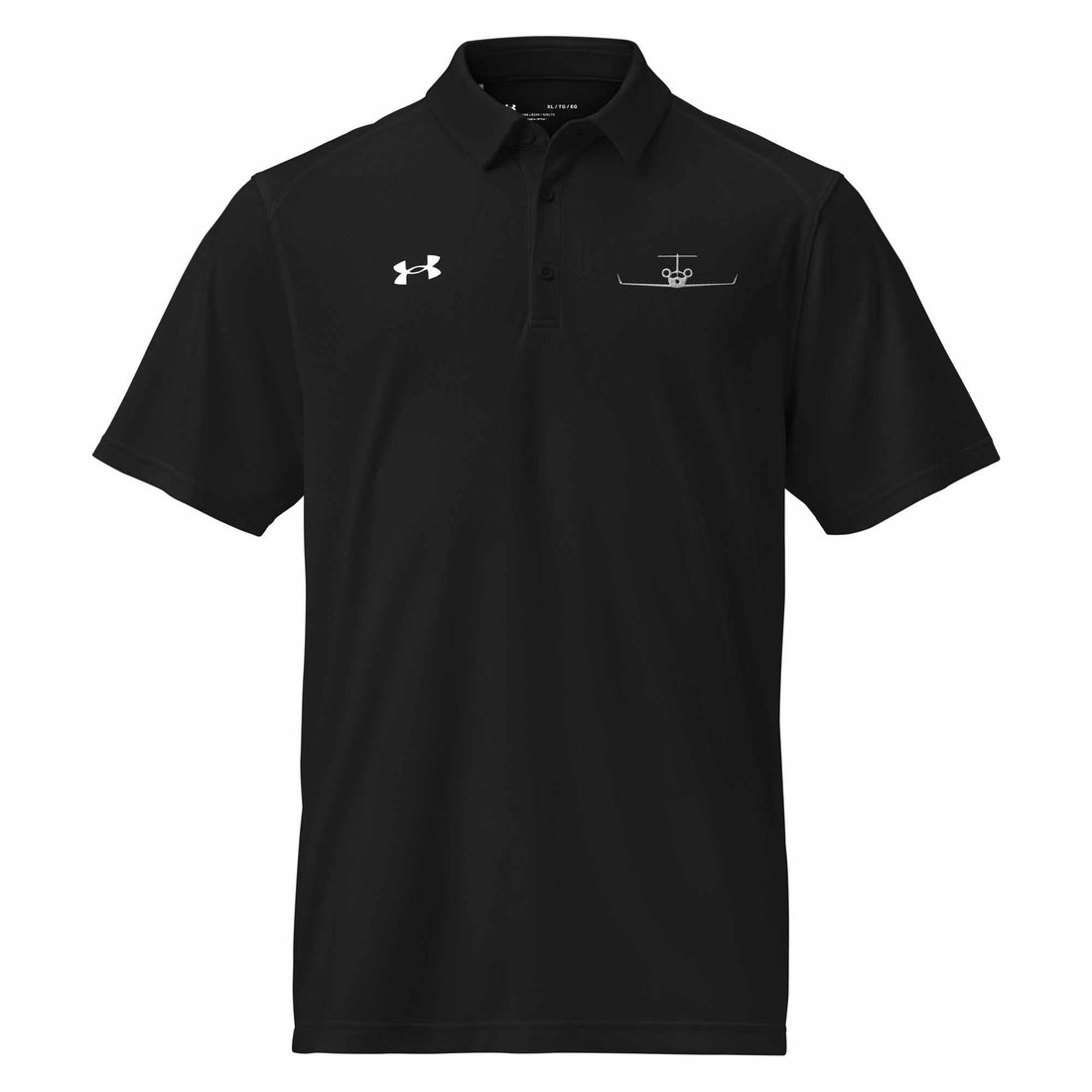Black pilot polo shirt with embroidered private jet logo and Under Armour emblem, moisture-wicking performance fit golf and travel shirt