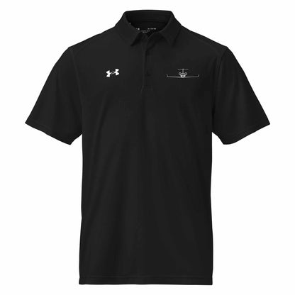 Black pilot polo shirt with embroidered private jet logo and Under Armour emblem, moisture-wicking performance fit golf and travel shirt