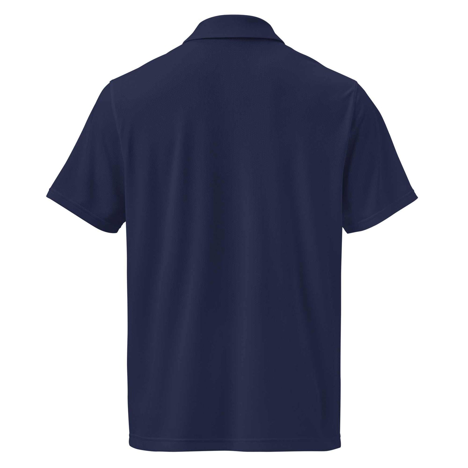 Navy pilot polo shirt with embroidered private jet logo, moisture-wicking performance fit golf and travel tee