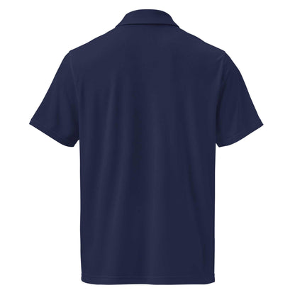 Navy pilot polo shirt with embroidered private jet logo, moisture-wicking performance fit golf and travel tee