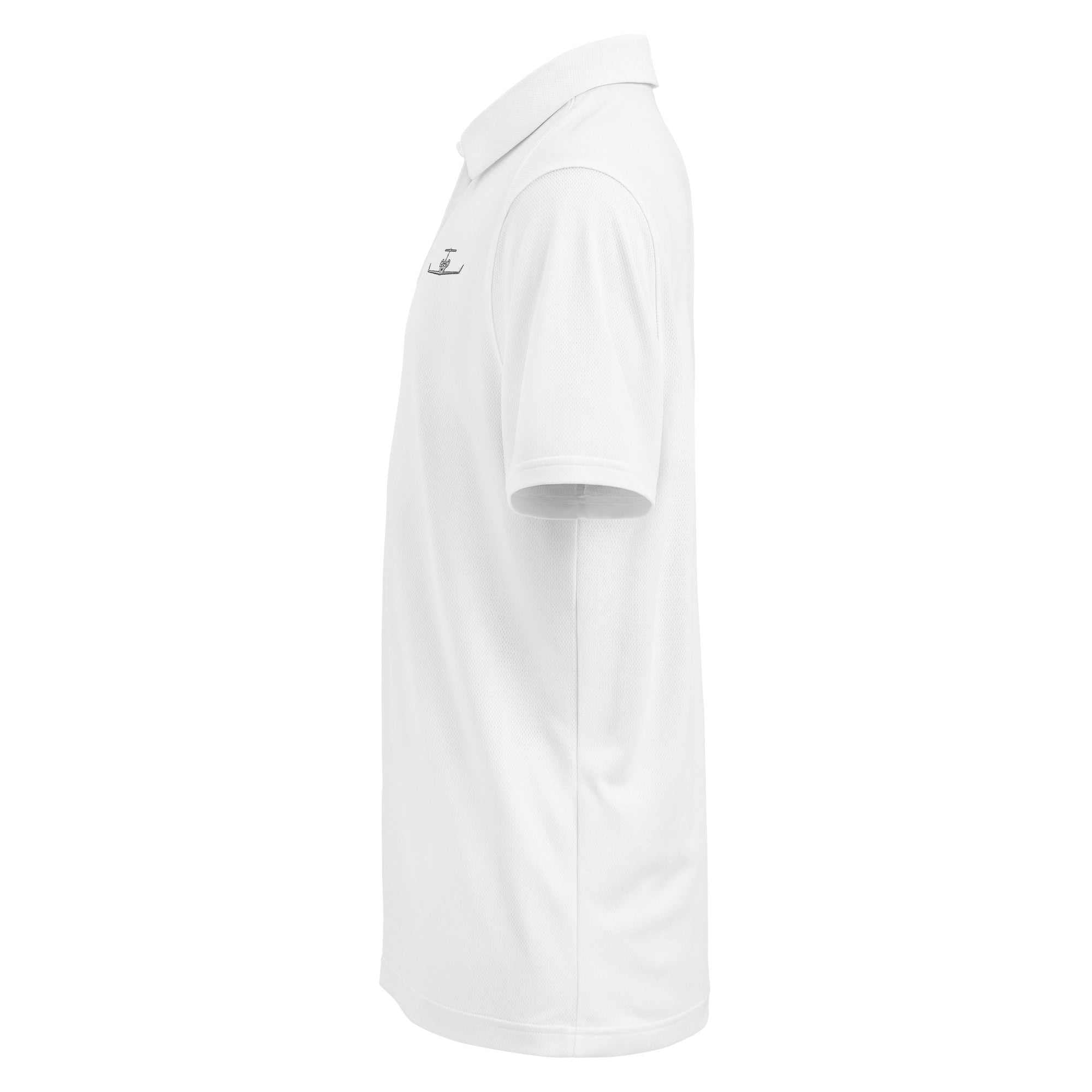 White pilot polo shirt with embroidered private jet logo, performance fit, moisture-wicking fabric, and breathable texture.