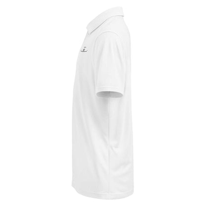 White pilot polo shirt with embroidered private jet logo, performance fit, moisture-wicking fabric, and breathable texture.