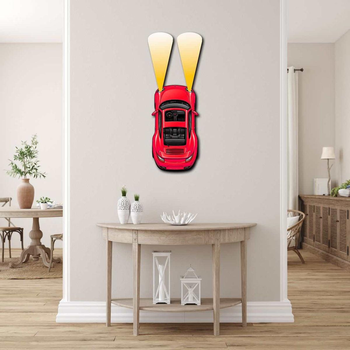 metal car wall art with red headlights garage decor on white wall above console table