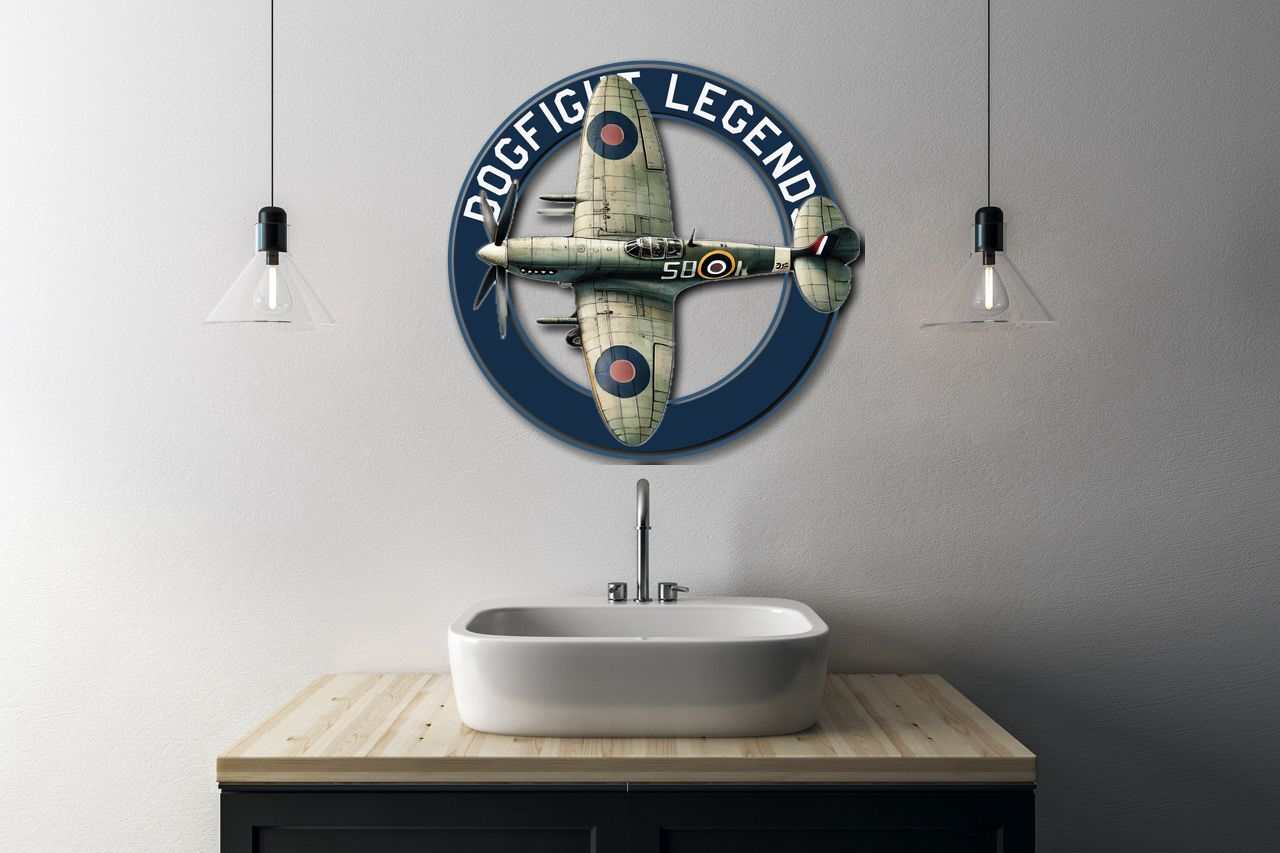 Multicolor metal sign featuring a Spitfire dogfight plane design for indoor and outdoor wall decor