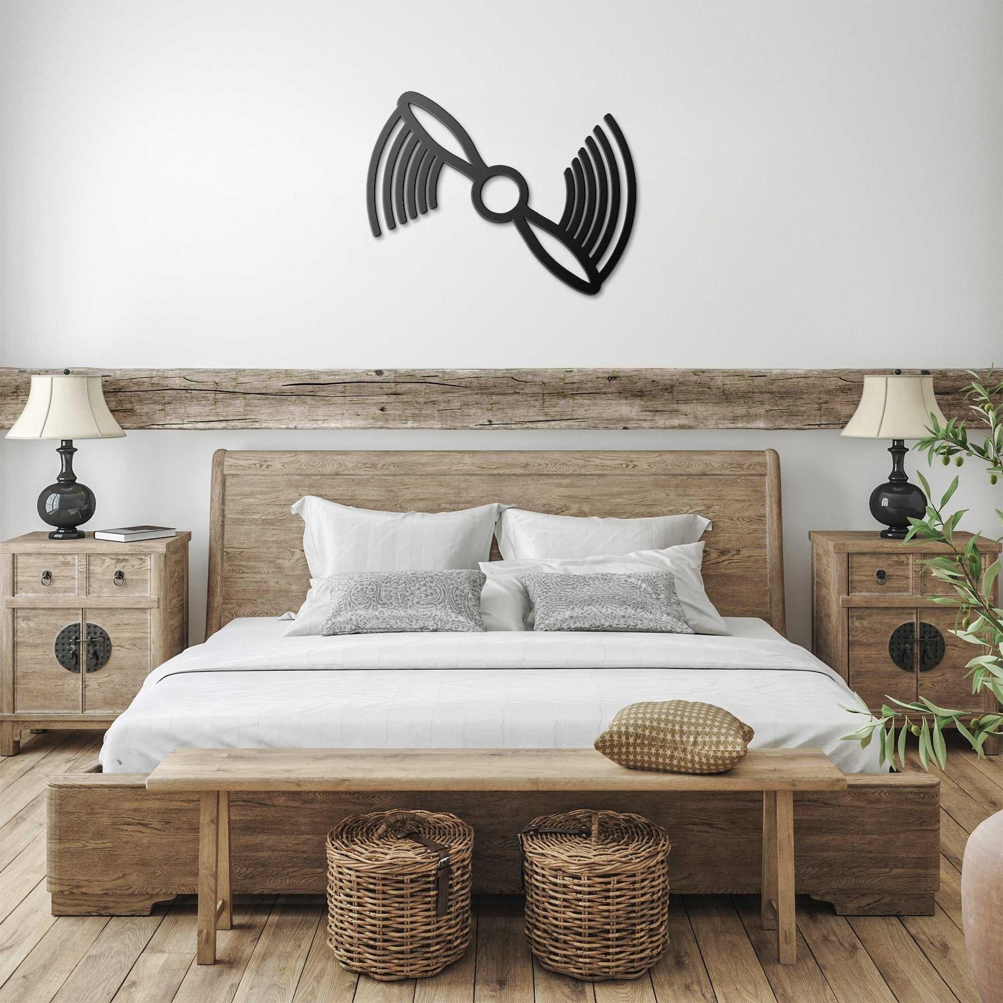 black metal propeller metal wall art aviation decor above bedroom bed