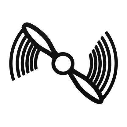 Black propeller metal wall art with curved blades and circular center design