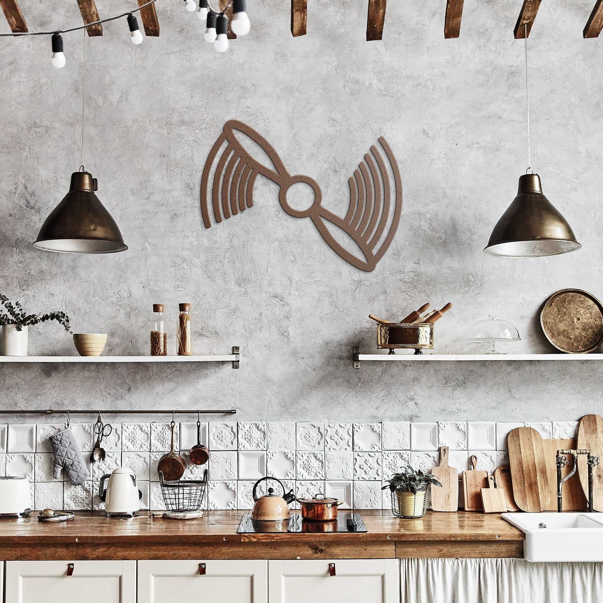 Propeller Metal Wall Art in rustic kitchen setting hanging on cement wall decor