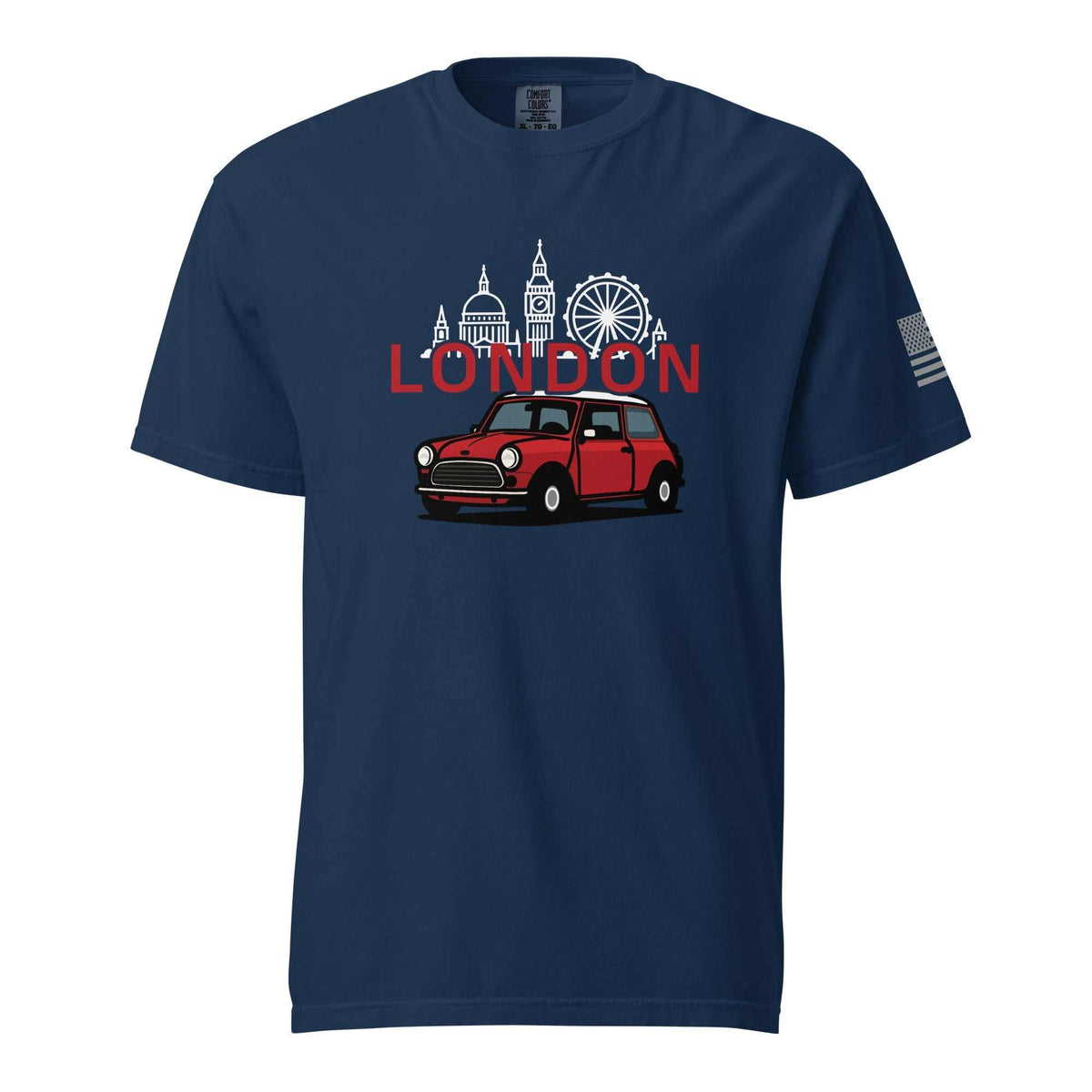 Navy London Car T-Shirt with vintage red classic car and London skyline print, unisex cotton tee