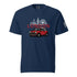 Navy London Car T-Shirt with vintage red classic car and London skyline print, unisex cotton tee