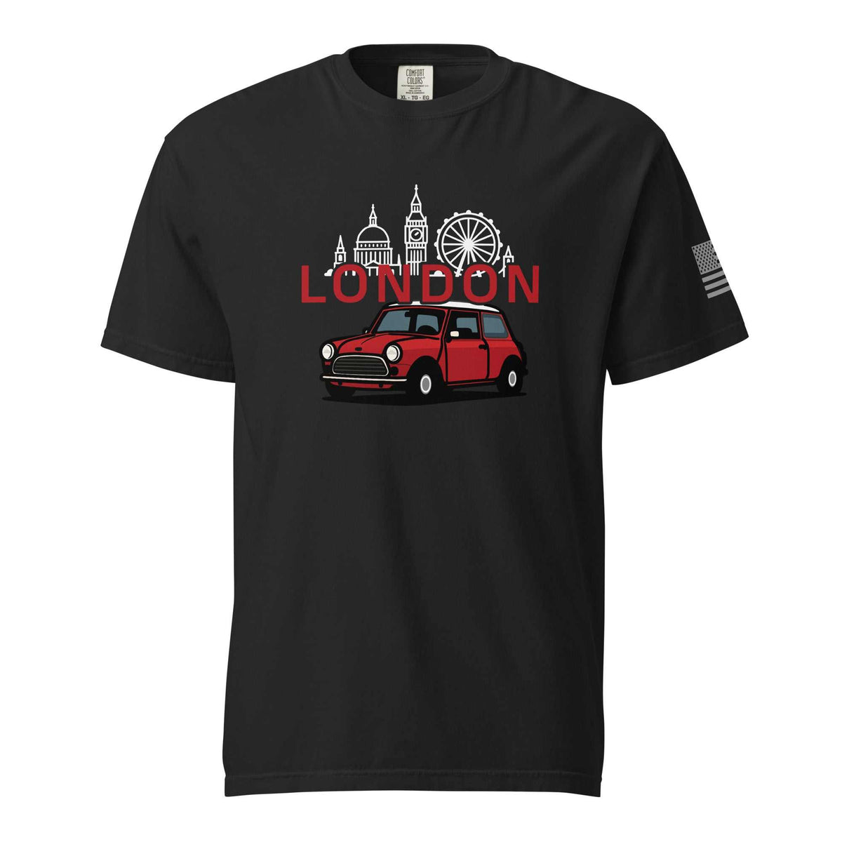 Black London Car T-Shirt with red vintage car and London skyline illustration