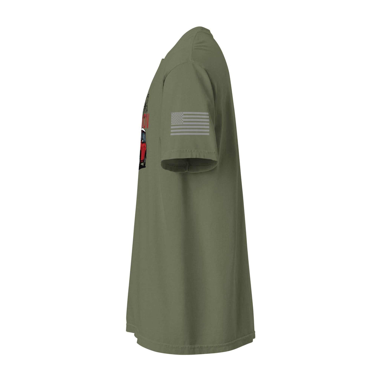 side view of olive green London Car T-Shirt with vintage British car design and American flag on sleeve in modern fit