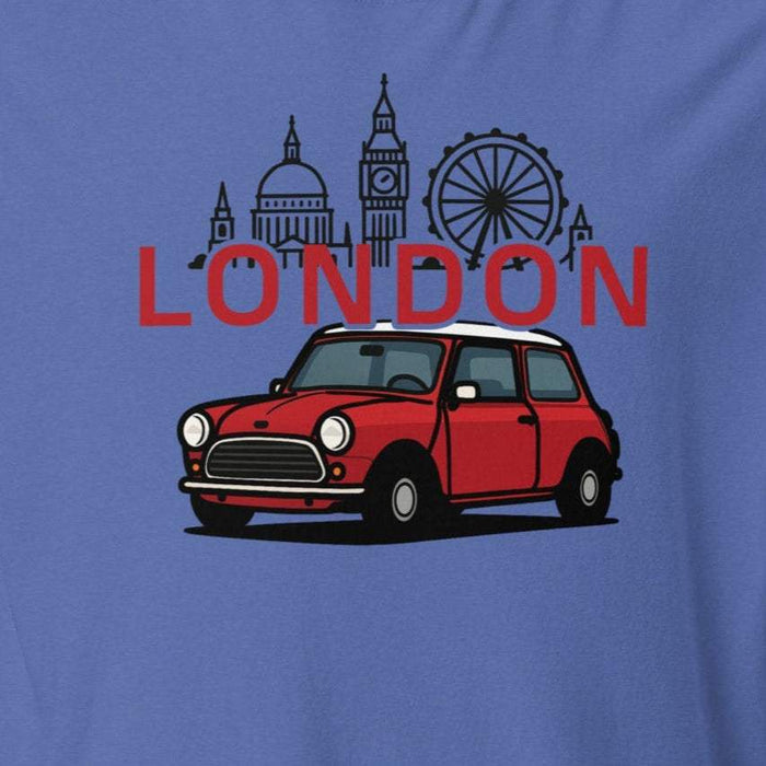 Vintage red classic car illustration with London skyline and bold red "LONDON" text on a blue t-shirt