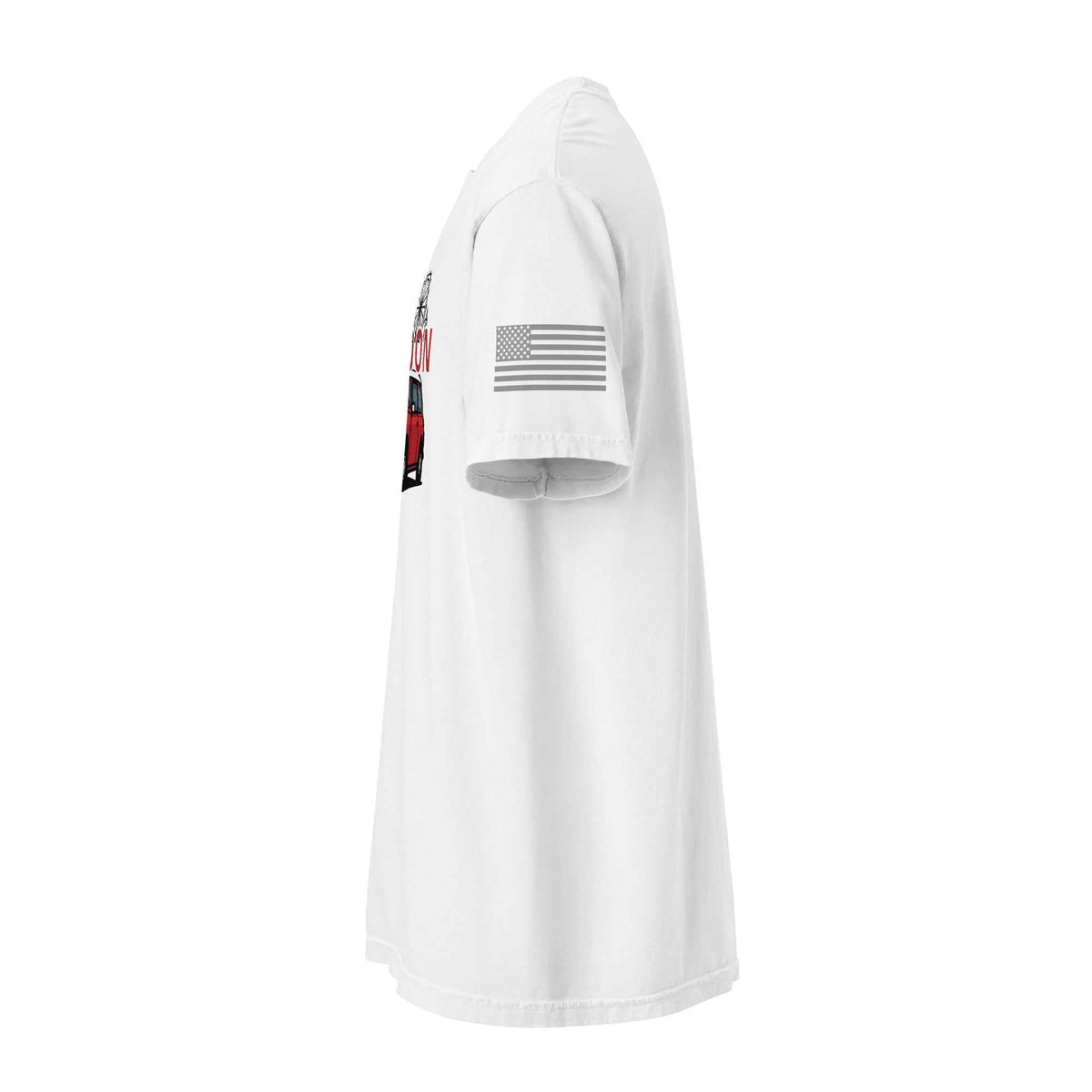 Side view of white London Car T-Shirt with American flag on sleeve and vintage London car graphic on front