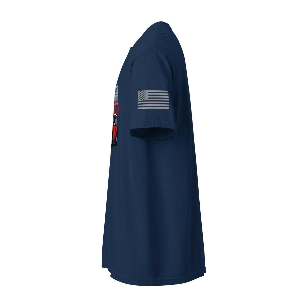 Side view of navy London Car T-Shirt with American flag on sleeve and vintage car graphic design