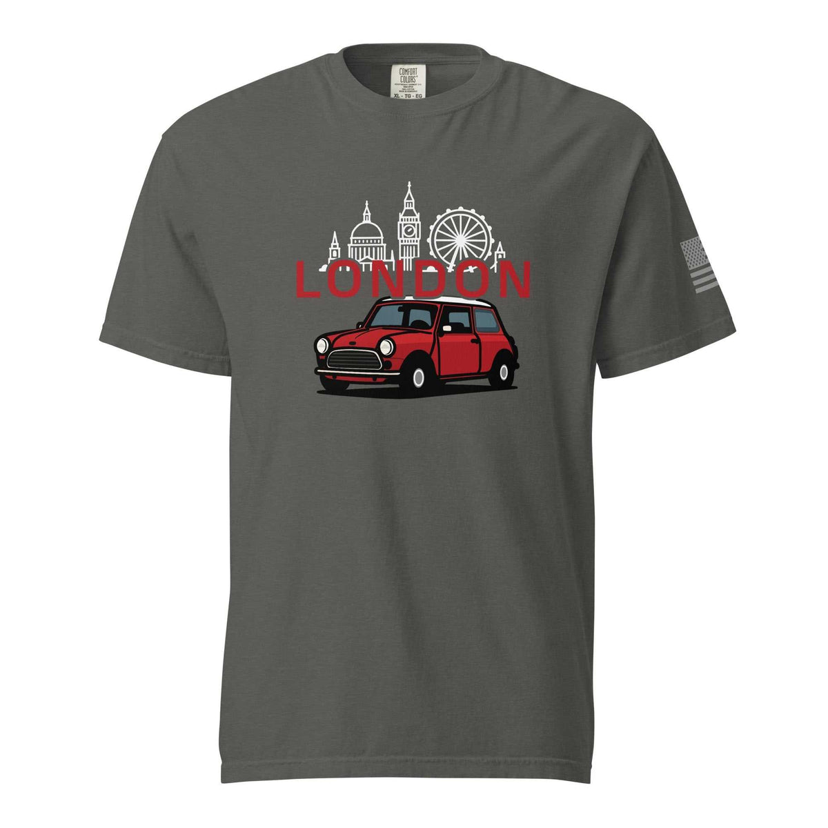 London Car T-Shirt featuring red classic car and London skyline on dark gray cotton tee