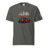 London Car T-Shirt featuring red classic car and London skyline on dark gray cotton tee