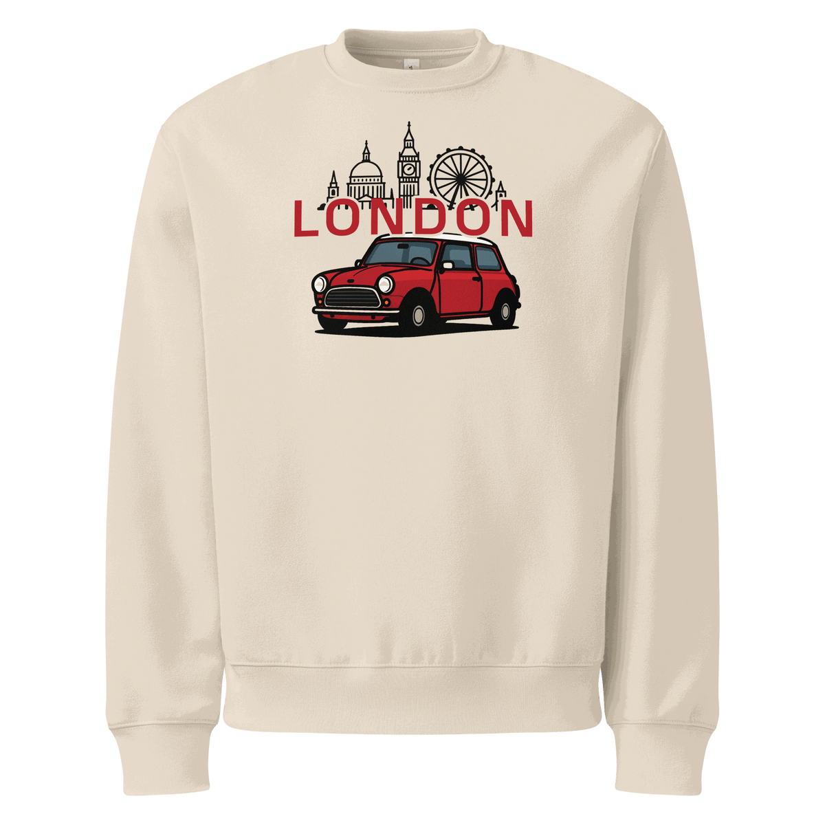 London Cruising Sports Car Sweatshirt with red classic car and London skyline design on beige background
