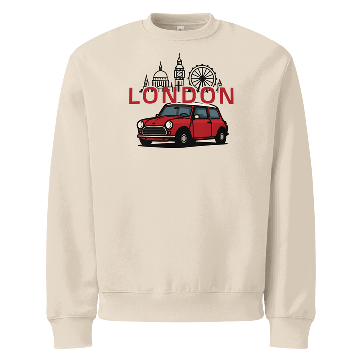 London Cruising Sports Car Sweatshirt with red classic car and London skyline design on beige background