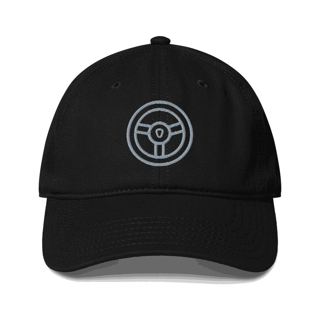 Black low-profile automotive hat with embroidered steering wheel logo and adjustable strap