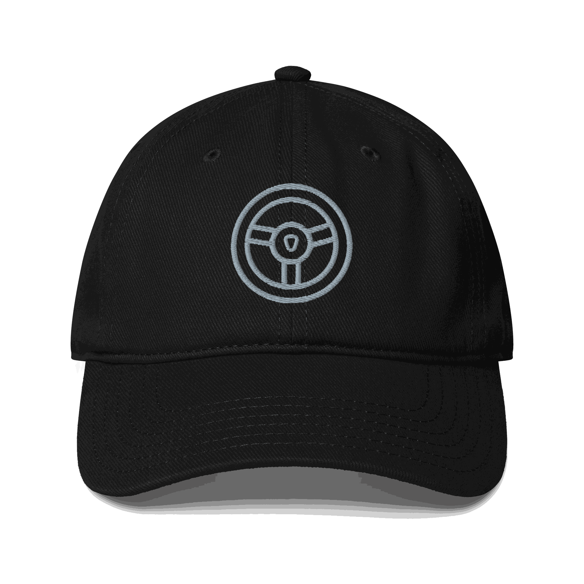 Black low-profile automotive hat with embroidered steering wheel logo and adjustable strap