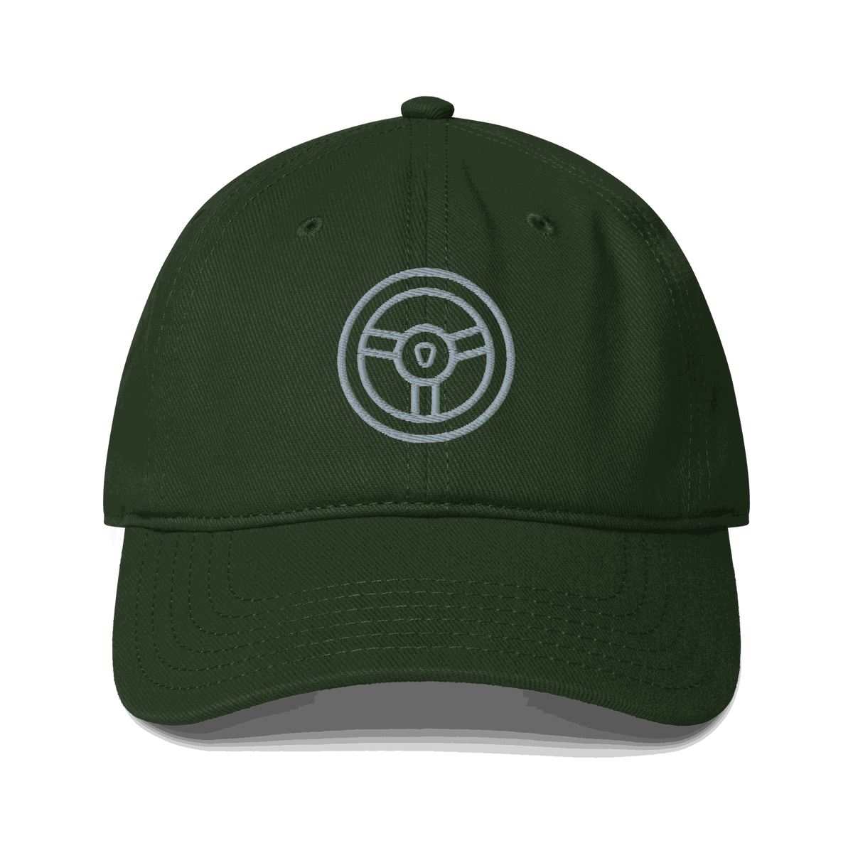 Dark green automotive steering wheel hat with embroidered steering wheel emblem and curved visor