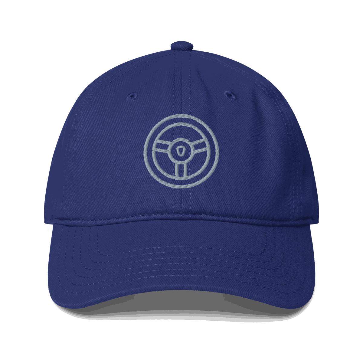 Blue automotive steering wheel hat with embroidered steering wheel emblem and curved visor