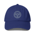 Navy low-profile automotive hat with embroidered steering wheel logo and adjustable strap